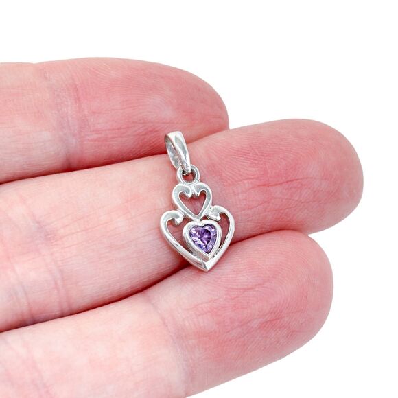 Vintage Sterling Silver 925 Double Heart Purple Cubic Zirconia Pendant - Picture 1 of 6